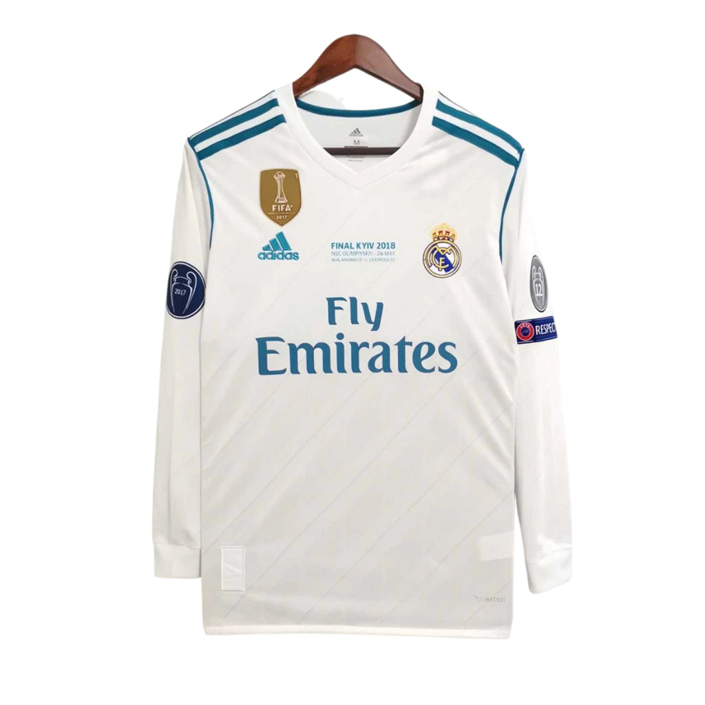 Camisa Real Madrid Home 2017-18 Ronaldo #7 Manga Longa - Retrô