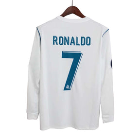 Camisa Real Madrid Home 2017-18 Ronaldo #7 Manga Longa - Retrô