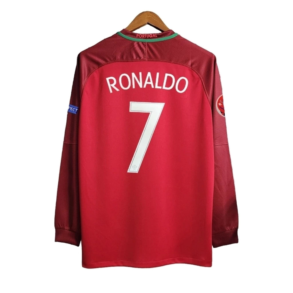 Camisa Portugal Home 2016 Ronaldo #7 Manga Longa - Retrô